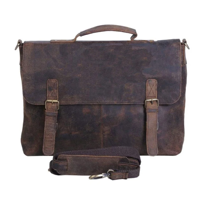 16-Inch Retro Buffalo Hunter Leather Laptop Messenger Bag – Office Briefcase & College Bag (Distressed Tan)