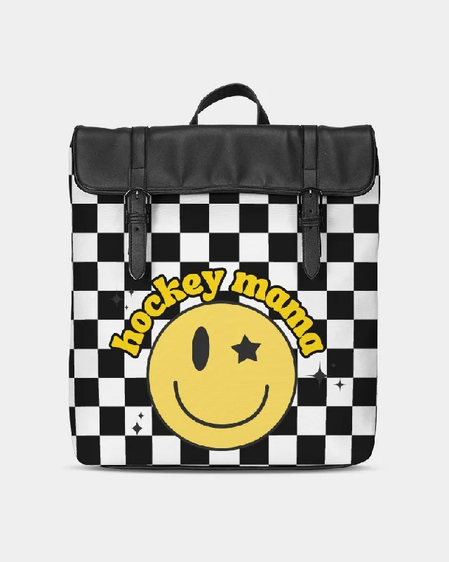 Checkered Smiley Face Hockey Mom Casual Flap Backpack