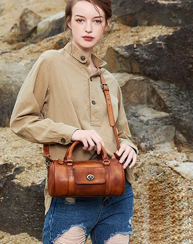 Brown Leather Womens Barrel Handbag Handmade Barrel Handbag Crossbody Purse for Ladies