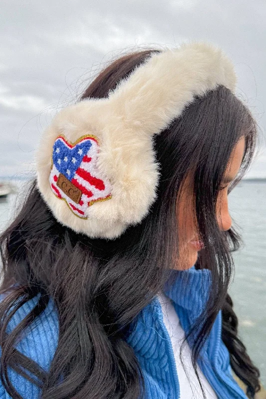 EMS4503 American Flag Chenille Patch Faux Fur Earmuffs