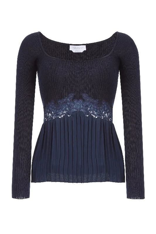 Fini Lace Top in Navy Silk Crepe