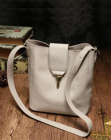 Fashion Womens Brown Leather Bucket Shoulder Bag White Soft Leather Bucket Crossbody Bag Purse