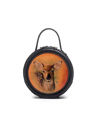 Handmade Womens Black Leather Round Handbag Purse Round Deer Crossbody Bag for Women