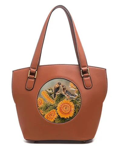 Handmade Womens Brown Leather Tote Handbag Purse Birds Tote Bag for Women