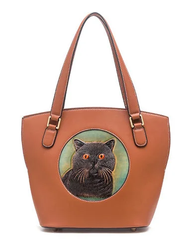 Handmade Womens Brown Leather Tote Handbag Purse Black Cat Tote Bag for Women