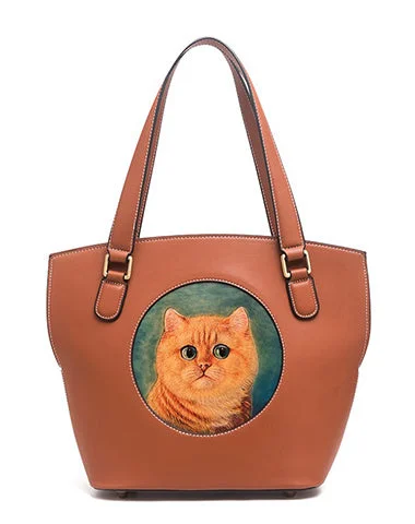 Handmade Womens Brown Leather Tote Handbag Purse Ginger Cat Tote Bag for Women