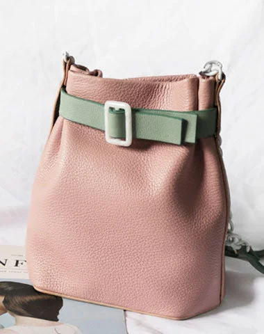 Stylish Leather Pink Chain Womens Bucket Purse Crossbody Bag Barrel Shoulder Bag for Women