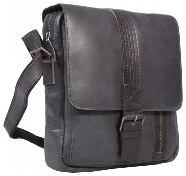 UBERBAG GREY BLACK  LEATHER MILITARY SMALL N/S MESSENGER / MAN BAG