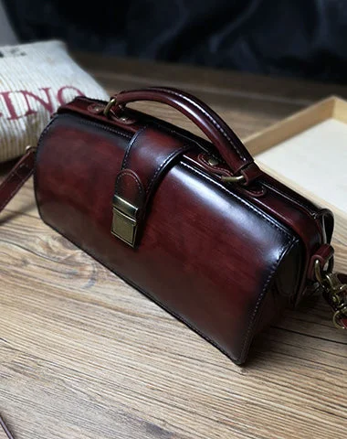 Vintage Womens Coffee Leather Doctor Handbag Purses Vintage Handmade Doctor Crossbody Purse for Women