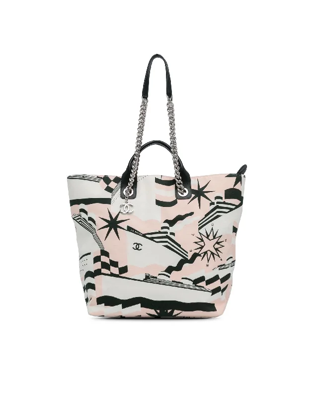 Printed Canvas Shopping Tote with Leather Handles and Chain-Link Straps